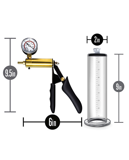 All of the measurements of the Blush Performance VX6 shown next to the parts of the penis pump. All measurements can be found within the text product description. | Kinkly Shop