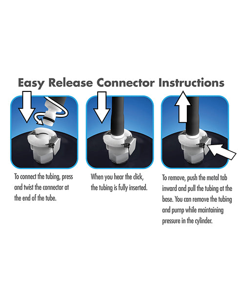 3 step illustration of the easy release connector instructions for the Blush Performance VX6. Text reads: Connect the tubing until you hear the click. To remove, push the metal tab inward and pull out the tubing. | Kinkly Shop