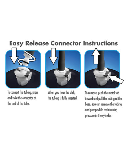 3 step illustration of the easy release connector instructions for the Blush Performance VX6. Text reads: Connect the tubing until you hear the click. To remove, push the metal tab inward and pull out the tubing. | Kinkly Shop
