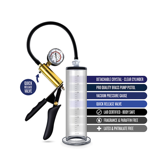 The Blush Performance VX6 shown next to a text list of features. Text reads: Detachable crystal-clear cylinder. Pro quality brass pump pistol. Vacuum pressure gauge. Quick release valve. Lab certified body-safe. Fragrance and paraffin free. Latex and phthalate free. Quick release valve. | Kinkly Shop