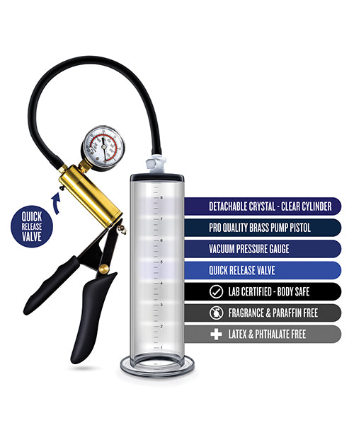 The Blush Performance VX6 shown next to a text list of features. Text reads: Detachable crystal-clear cylinder. Pro quality brass pump pistol. Vacuum pressure gauge. Quick release valve. Lab certified body-safe. Fragrance and paraffin free. Latex and phthalate free. Quick release valve. | Kinkly Shop