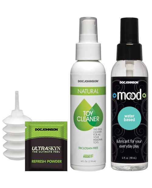 The four accessories included in the Vac-U-Lock Dual-Density Experienced Set. There's Toy cleaner, water-based lube, a sample of refresh powder, and a squirt bottle. | Kinkly Shop