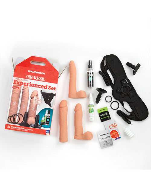 All of the items included in the Vac-U-Lock Dual-Density Experienced Set shown spread out from the open box | Kinkly Shop