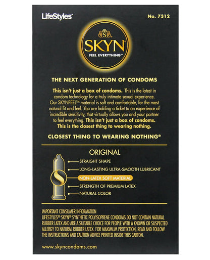 Backside of the packaging for the SKYN Non-Latex Condoms | Kinkly Shop