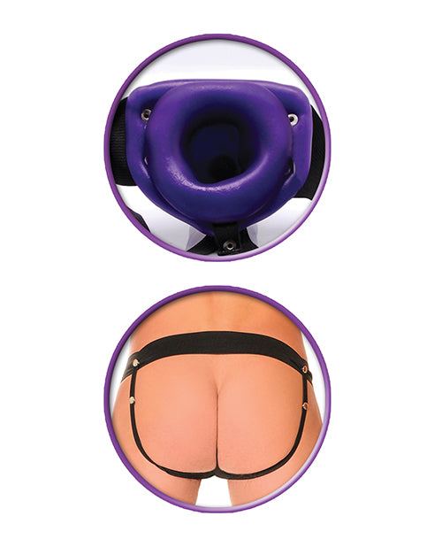 Collage of two images shows a close-up of the hollow interior of the Him or Her Hollow Strap On dildo as well as the back view of what the harness looks like when it's worn. The harness is a jock-strap style harness. | Kinkly Shop