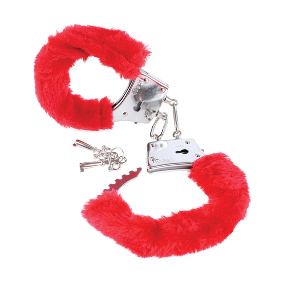One of the cuffs of the Beginner's Furry Cuffs is shown close to the camera. The cuff is opened, showcasing how it opens up to fit a wrist inside it. | Kinkly Shop