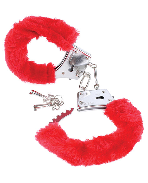 One of the cuffs of the Beginner's Furry Cuffs is shown close to the camera. The cuff is opened, showcasing how it opens up to fit a wrist inside it. | Kinkly Shop