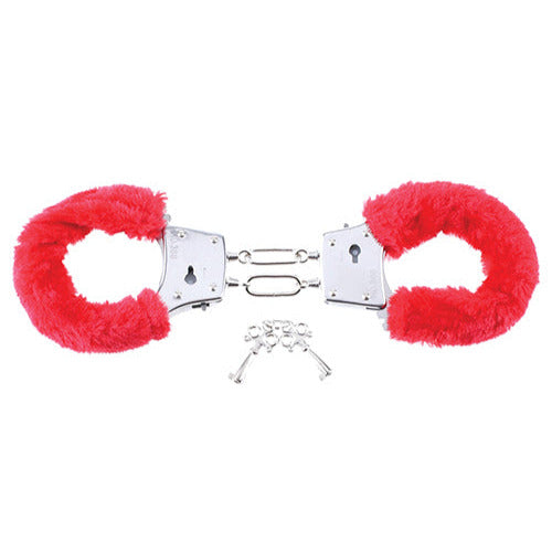 The Beginner's Furry Cuffs in Red laying out next to the keys. The keys are stylish and in a silver color. | Kinkly Shop