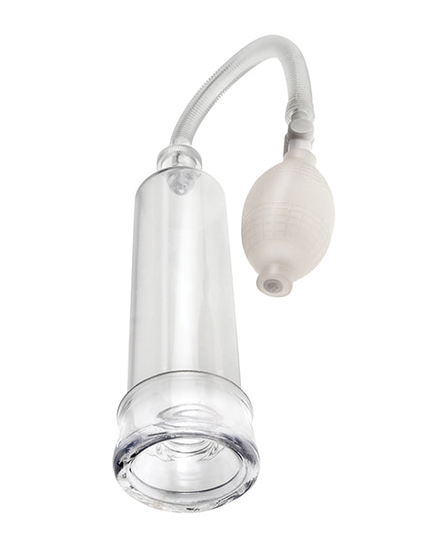 The Pump Worx Beginner's Power Pump shown at an angle. This showcases the ring around the base of the penis pump. | Kinkly Shop