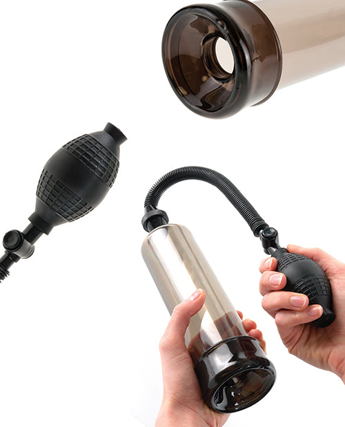 Collage of three images showcasing features of the Pump Worx Beginner's Power Pump. It even includes a person's two hands holding the penis pump. | Kinkly Shop