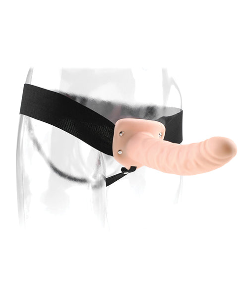 The 8" Hollow Strap On shown wrapped around the hips of a clear mannequn. The elastic bands around the hips are very wide with a jock-strap style under-the-butt-cheeks design. | Kinkly Shop