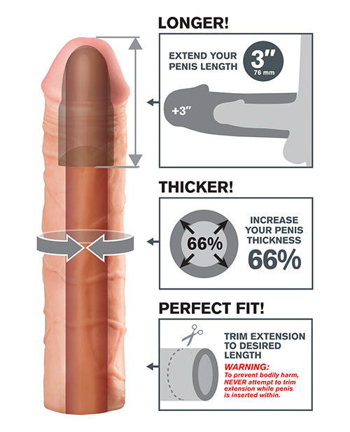 Infographic for the 3" Peach version of the Fantasy X-tensions Mega Extension. A cross-section of the dildo showcases the hollow internal chamber. An illustration showcases how the stroker adds length and thickness. Scissors are shown with text "Trim extension to desired length" | Kinkly Shop