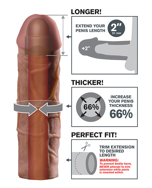 Infographic for the 2" Brown version of the Fantasy X-tensions Mega Extension. A cross-section of the dildo showcases the hollow internal chamber. An illustration showcases how the stroker adds length and thickness. Scissors are shown with text "Trim extension to desired length" | Kinkly Shop