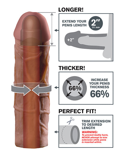 Infographic for the 2" Brown version of the Fantasy X-tensions Mega Extension. A cross-section of the dildo showcases the hollow internal chamber. An illustration showcases how the stroker adds length and thickness. Scissors are shown with text "Trim extension to desired length" | Kinkly Shop