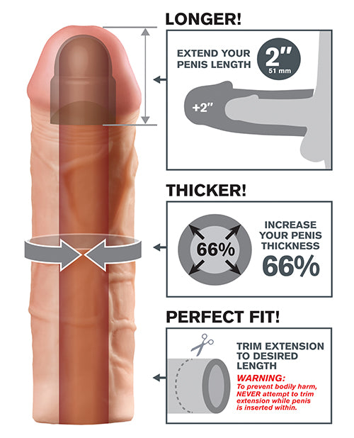 Infographic for the 2" Peach version of the Fantasy X-tensions Mega Extension. A cross-section of the dildo showcases the hollow internal chamber. An illustration showcases how the stroker adds length and thickness. Scissors are shown with text "Trim extension to desired length" | Kinkly Shop