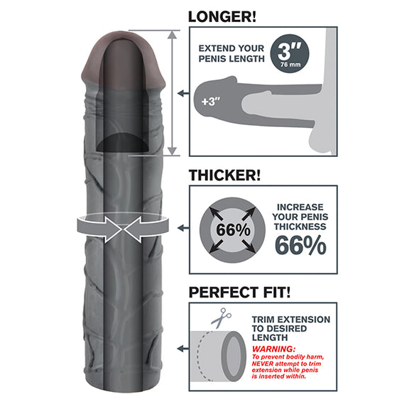 Infographic for the 3" Black version of the Fantasy X-tensions Mega Extension. A cross-section of the dildo showcases the hollow internal chamber. An illustration showcases how the stroker adds length and thickness. Scissors are shown with text "Trim extension to desired length" | Kinkly Shop