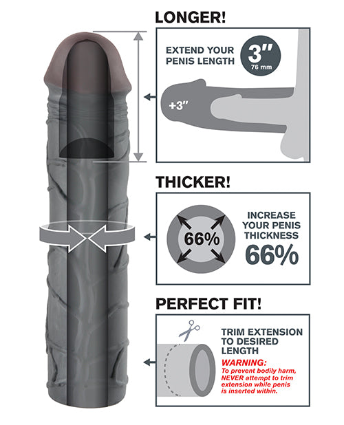 Infographic for the 3" Black version of the Fantasy X-tensions Mega Extension. A cross-section of the dildo showcases the hollow internal chamber. An illustration showcases how the stroker adds length and thickness. Scissors are shown with text "Trim extension to desired length" | Kinkly Shop