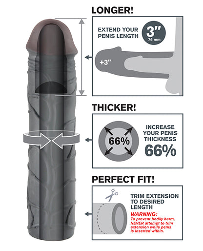 Infographic for the 3" Black version of the Fantasy X-tensions Mega Extension. A cross-section of the dildo showcases the hollow internal chamber. An illustration showcases how the stroker adds length and thickness. Scissors are shown with text "Trim extension to desired length" | Kinkly Shop