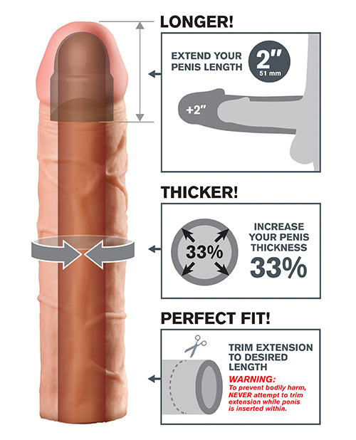Infographic for the 2" Peach version of the Fantasy X-tensions Perfect Extension. A cross-section of the dildo showcases the hollow internal chamber. An illustration showcases how the stroker adds length and thickness. Scissors are shown with text "Trim extension to desired length" | Kinkly Shop