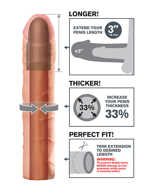 Infographic for the 3" Peach version of the Fantasy X-tensions Perfect Extension. A cross-section of the dildo showcases the hollow internal chamber. An illustration showcases how the stroker adds length and thickness. Scissors are shown with text "Trim extension to desired length" | Kinkly Shop