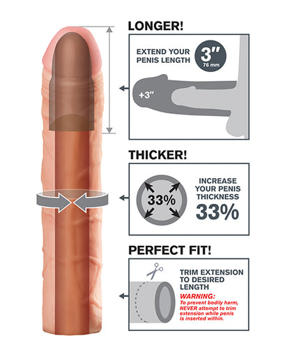 Infographic for the 3" Peach version of the Fantasy X-tensions Perfect Extension. A cross-section of the dildo showcases the hollow internal chamber. An illustration showcases how the stroker adds length and thickness. Scissors are shown with text "Trim extension to desired length" | Kinkly Shop