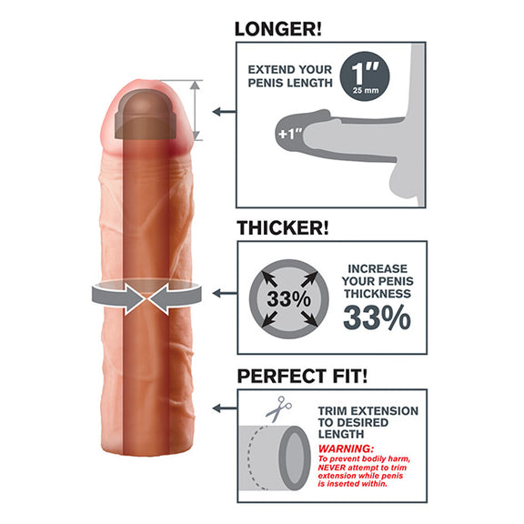 Infographic for the 1" Peach version of the Fantasy X-tensions Perfect Extension. A cross-section of the dildo showcases the hollow internal chamber. An illustration showcases how the stroker adds length and thickness. Scissors are shown with text "Trim extension to desired length" | Kinkly Shop