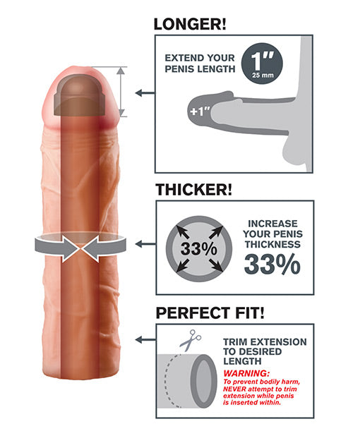 Infographic for the 1" Peach version of the Fantasy X-tensions Perfect Extension. A cross-section of the dildo showcases the hollow internal chamber. An illustration showcases how the stroker adds length and thickness. Scissors are shown with text "Trim extension to desired length" | Kinkly Shop