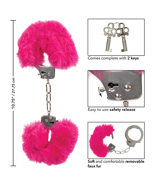 Collage of images showcasing the functionality of the Ultra Fluffy Cuffs. Text on the image reads: Comes complete with 2 keys. Easy to use safety release tab. Soft and comfortable removable faux fur liners. | Kinkly Shop