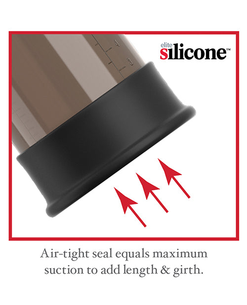 Close-up on the base of the Classix Auto Vacuum Power Pump, showcasing the seal at the base of the pump. Text on the image reads: "Air-tight seal equals maximum suction to add length & girth" | kinkly Shop