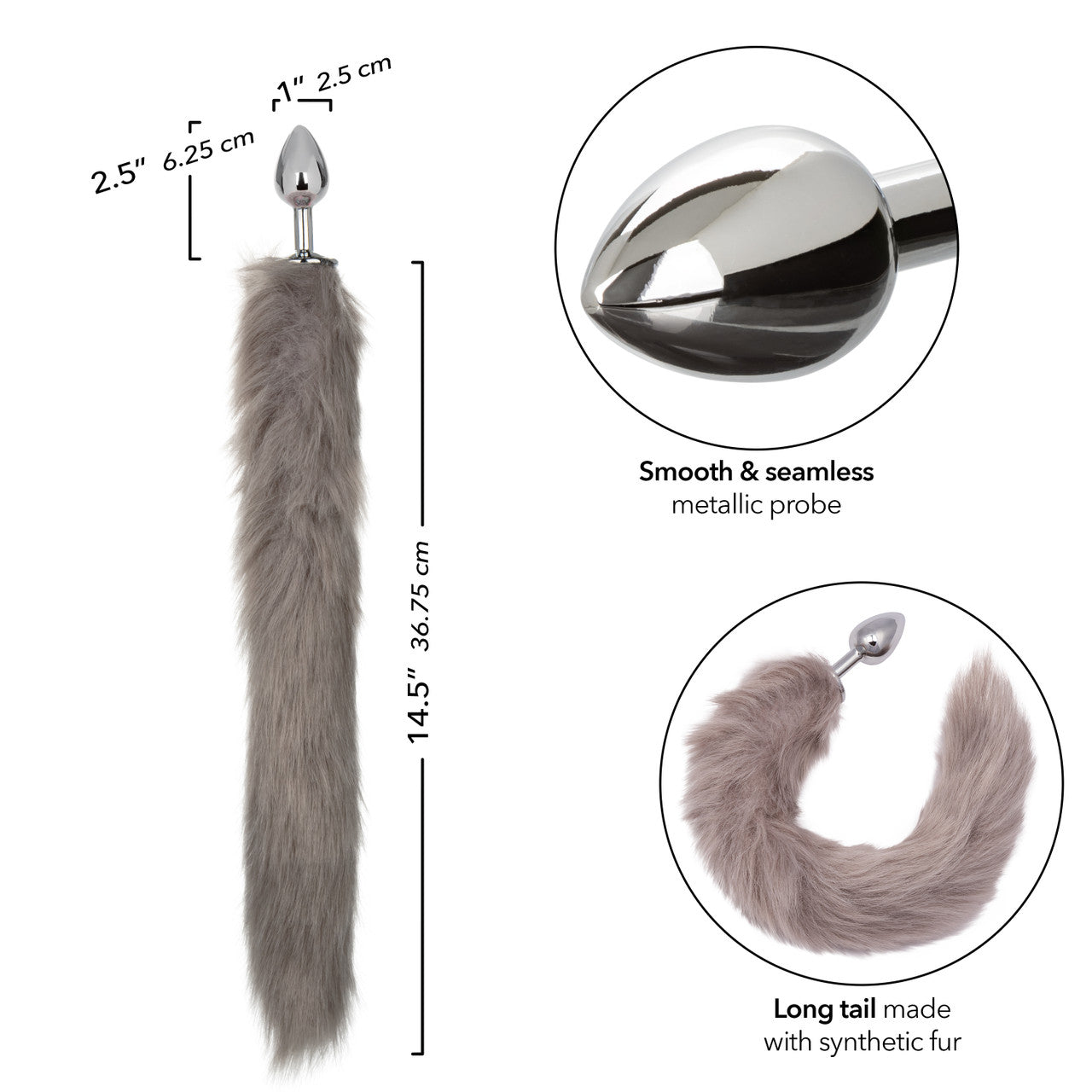 Collage of images showcasing the features of the Running Wild Tail Plug. Text reads: Smooth and seamless metallic plug. Long tail made with synthetic fur. | Kinkly Shop