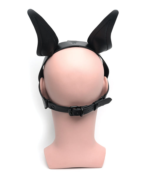 View of the back of the head when wearing the 665 Playful Pup Hood. There's a single adjustable strap that falls behind the head and under the ears that can be adjusted with a standard buckle-style fastener. | Kinkly Shop