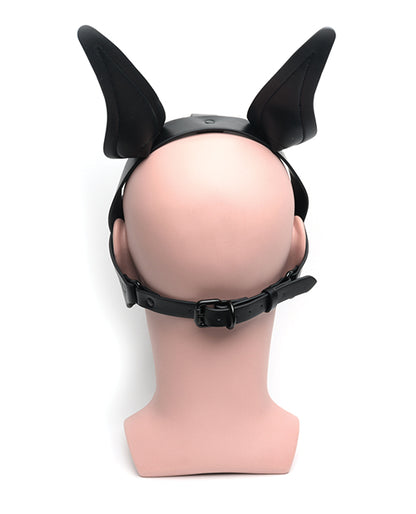 View of the back of the head when wearing the 665 Playful Pup Hood. There's a single adjustable strap that falls behind the head and under the ears that can be adjusted with a standard buckle-style fastener. | Kinkly Shop