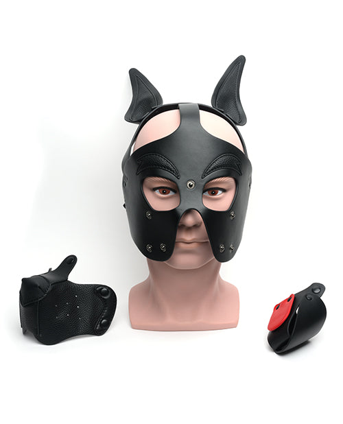 The 665 Playful Pup Hood worn on a mannequin head with the optional muzzle and tongue unsnapped from the "base" of the hood itself. | Kinkly Shop
