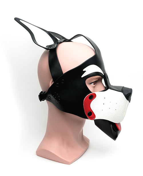 Side profile of the 665 Playful Pup Hood. The hood has an over-the-head, unadjustable strap and a behind-the-head adjustable strap. | Kinkly Shop