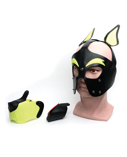 The muzzle and dog tongue unsnapped from the 665 Playful Pup Hood. There are button snaps all over the front of the mask when these are unsnapped off. | Kinkly Shop
