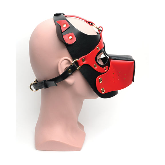 Side profile of the 665 Bondage Pup Hood. The hood has one strap that runs over the ears and fastens behind the back of the head. | Kinkly Shop