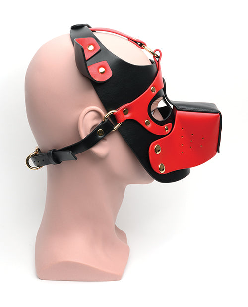 Side profile of the 665 Bondage Pup Hood. The hood has one strap that runs over the ears and fastens behind the back of the head. | Kinkly Shop