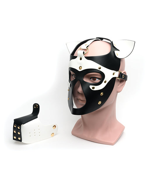 The 665 Bondage Pup Hood worn on a mannequin head and showing the muzzle unbuttoned from the front of the mask. | Kinkly Shop