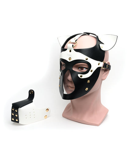 The 665 Bondage Pup Hood worn on a mannequin head and showing the muzzle unbuttoned from the front of the mask. | Kinkly Shop