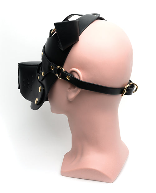 Side view of the 665 Bondage Pup Hood, showcasing the single strap that wraps around the back. | Kinkly Shop