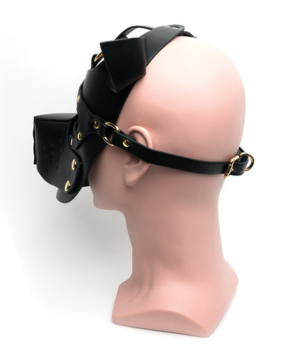 Side view of the 665 Bondage Pup Hood, showcasing the single strap that wraps around the back. | Kinkly Shop