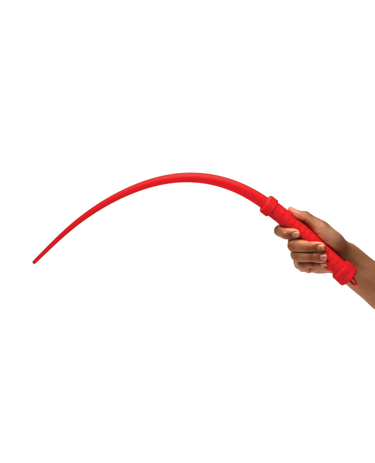 A person holds the Master Series Silicone Viper Tail with one hand, letting the tail hang in the air. The tail doesn't entirely fold down against gravity, but it creates a soft bell curve shape. | Kinkly Shop