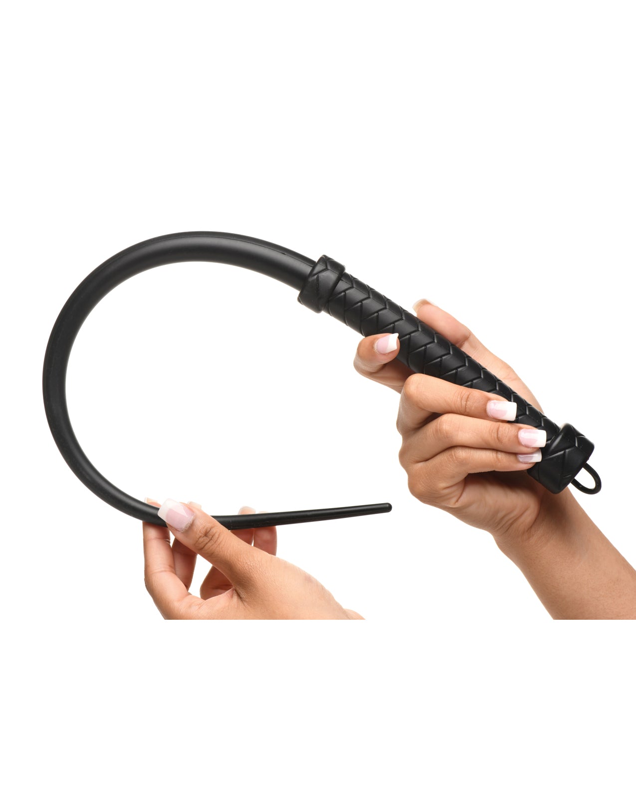 Two hands hold the Master Series Silicone Viper Tail, showcasing the very flexible design that allows the viper tail to fold in back on itself. | Kinkly Shop