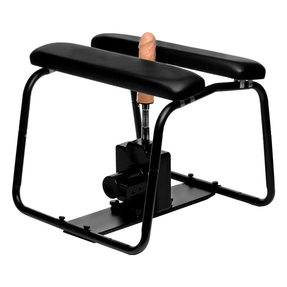 The 4-in-1 Bangin' Bench with Sex Machine in front of a plain white background. The sex machine has the dildo pointed straight upwards to pleasure whoever is sitting on top of the bench. | Kinkly Shop