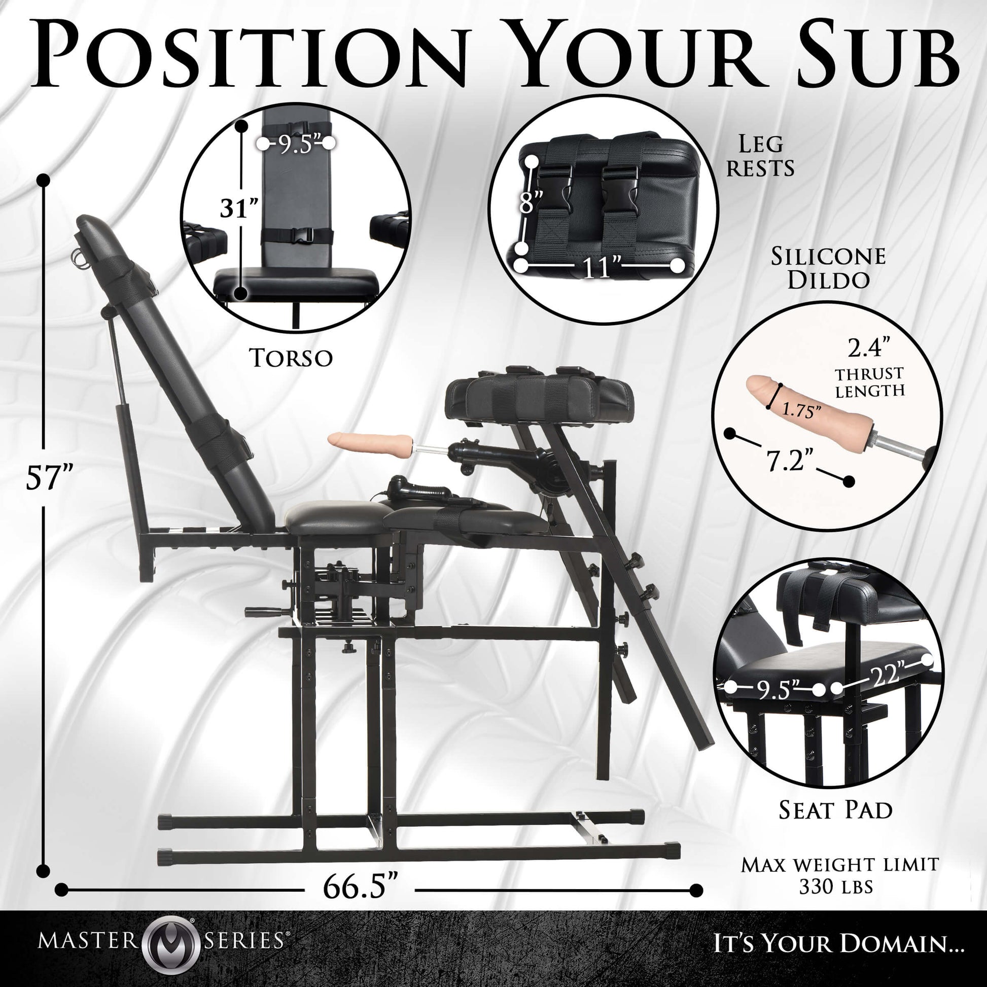 Measurements superimposed over the various aspects of the sex machine and the Leg Spreader Obedience Chair with Sex Machine. All of the measurements are included within the product text description. | Kinkly Shop