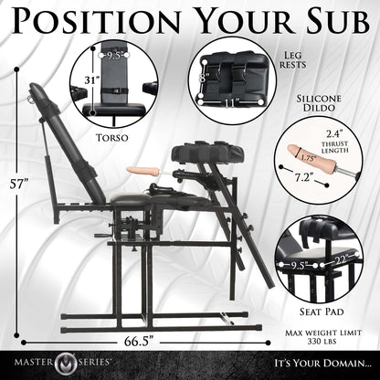 Measurements superimposed over the various aspects of the sex machine and the Leg Spreader Obedience Chair with Sex Machine. All of the measurements are included within the product text description. | Kinkly Shop