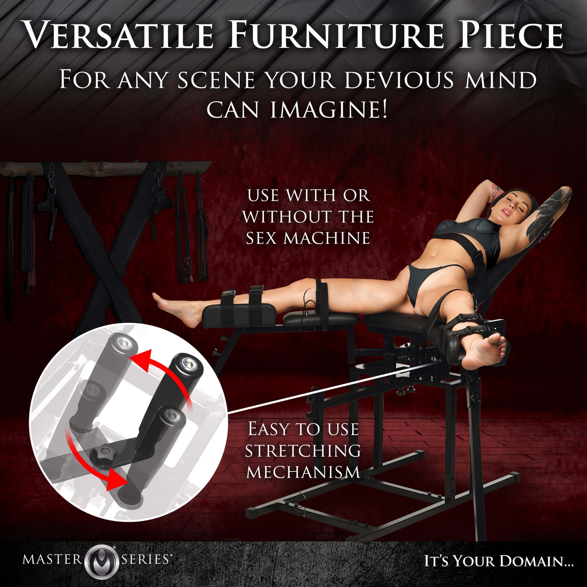 A person lays out flat, legs spread, in the Leg Spreader Obedience Chair with Sex Machine. Text on the image reads: "Versatile furniture piece for any scene your devious mind can imagine. Use with or without the sex machine. Easy to use stretching mechanism." | Kinkly Shop