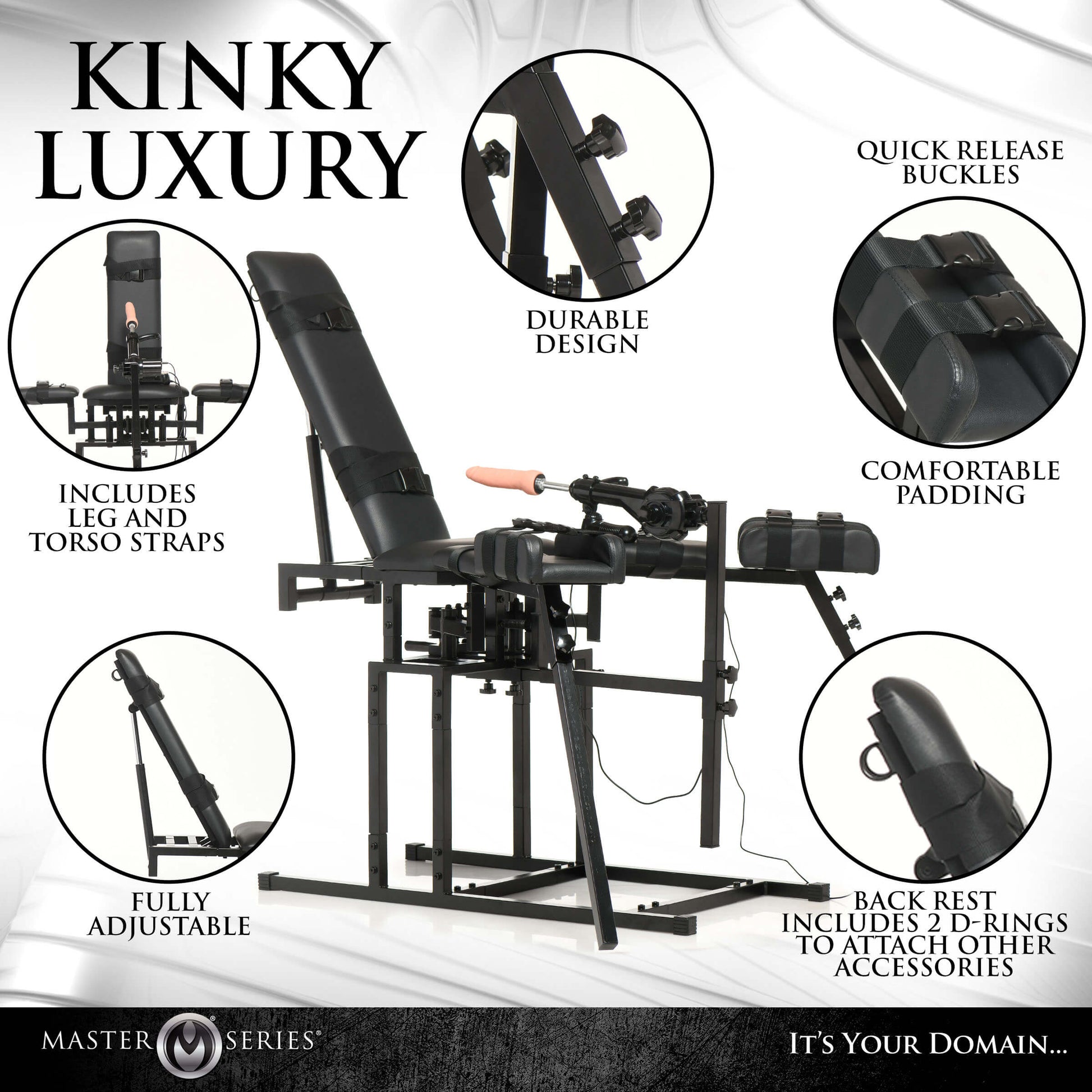 A photo of the Leg Spreader Obedience Chair with Sex Machine with close-ups and text showcasing the various features. Text includes: "Quick release buckles. Durable design. Comfortable padding. Fully adjustable. Includes leg and torso straps. Back rest includes 2 D-rings to attach other accessories." | Kinkly Shop
