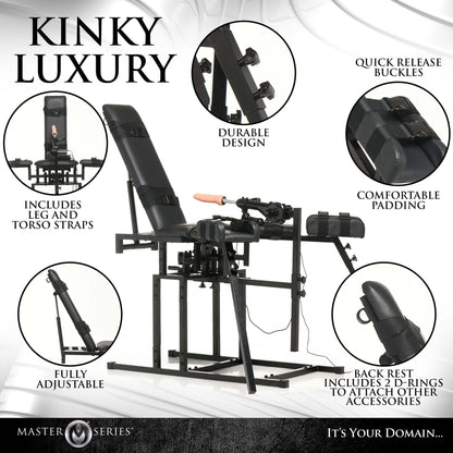 A photo of the Leg Spreader Obedience Chair with Sex Machine with close-ups and text showcasing the various features. Text includes: "Quick release buckles. Durable design. Comfortable padding. Fully adjustable. Includes leg and torso straps. Back rest includes 2 D-rings to attach other accessories." | Kinkly Shop