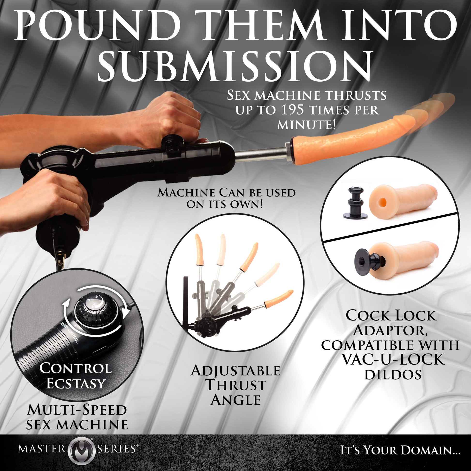 Close-up on the handheld sex machine that's included with the Leg Spreader Obedience Chair with Sex Machine. Text on the image reads: "Pound them into submission. Sex machine thrusts up to 195 times per minute. Machine can be used on its own. Cock lock adaptor comptible with Vac-U-Lock dildos. Adjustable thrust angle. Multi-speed sex machine to control ecstasy." | Kinkly Shop